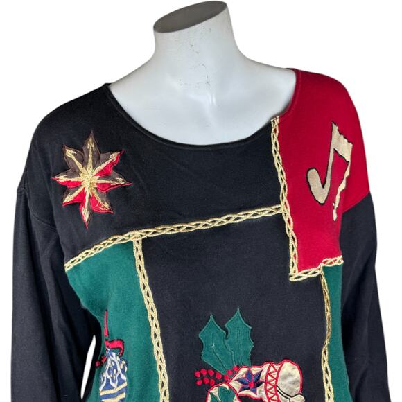 Chaus Sport Vintage Christmas Sweatshirt Black Patchwork Bells Wreath Guitar M - Picture 8 of 12